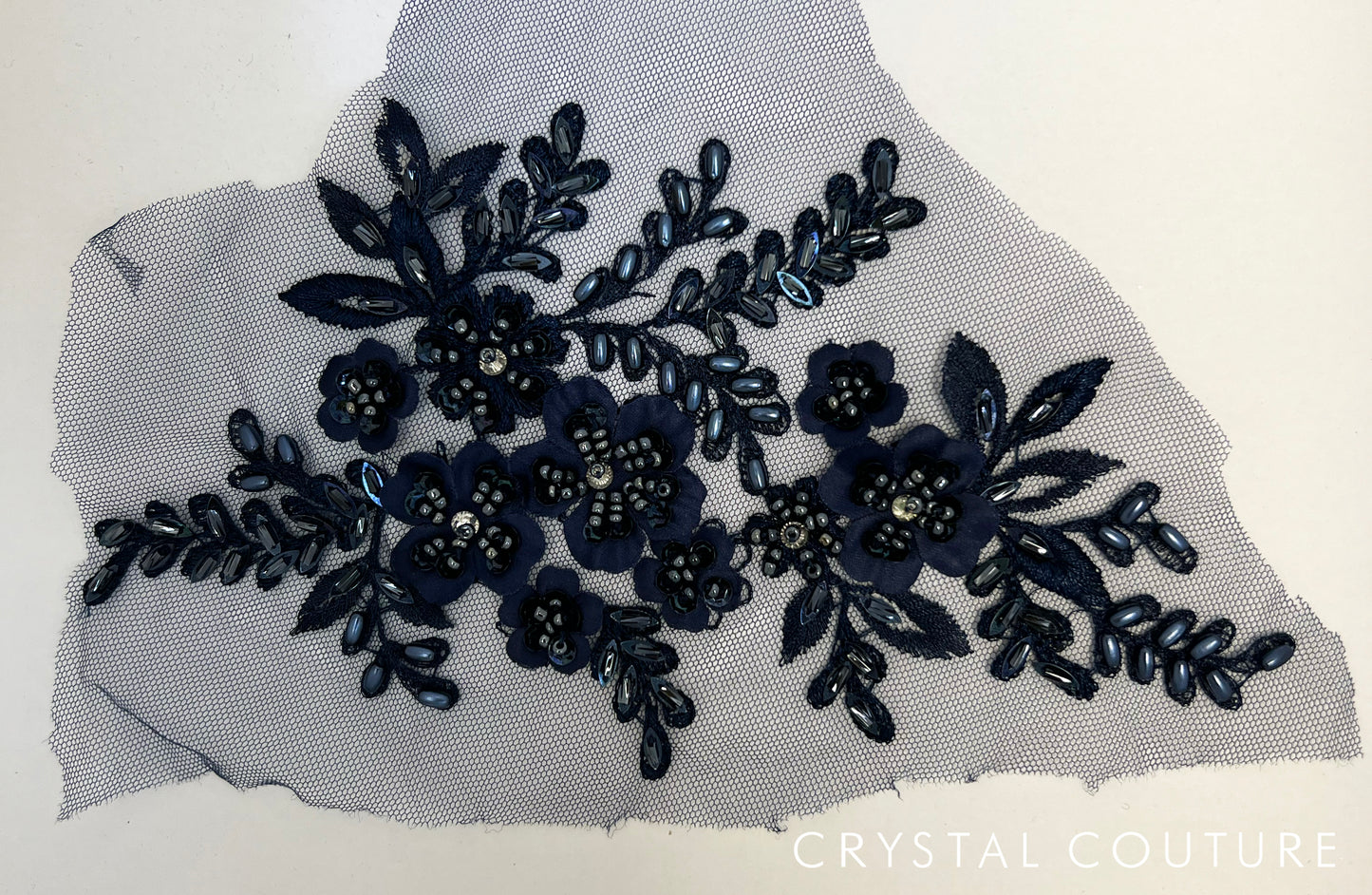 Navy Blue Beaded Embroidered Floral Applique