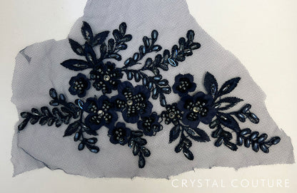 Navy Blue Beaded Embroidered Floral Applique