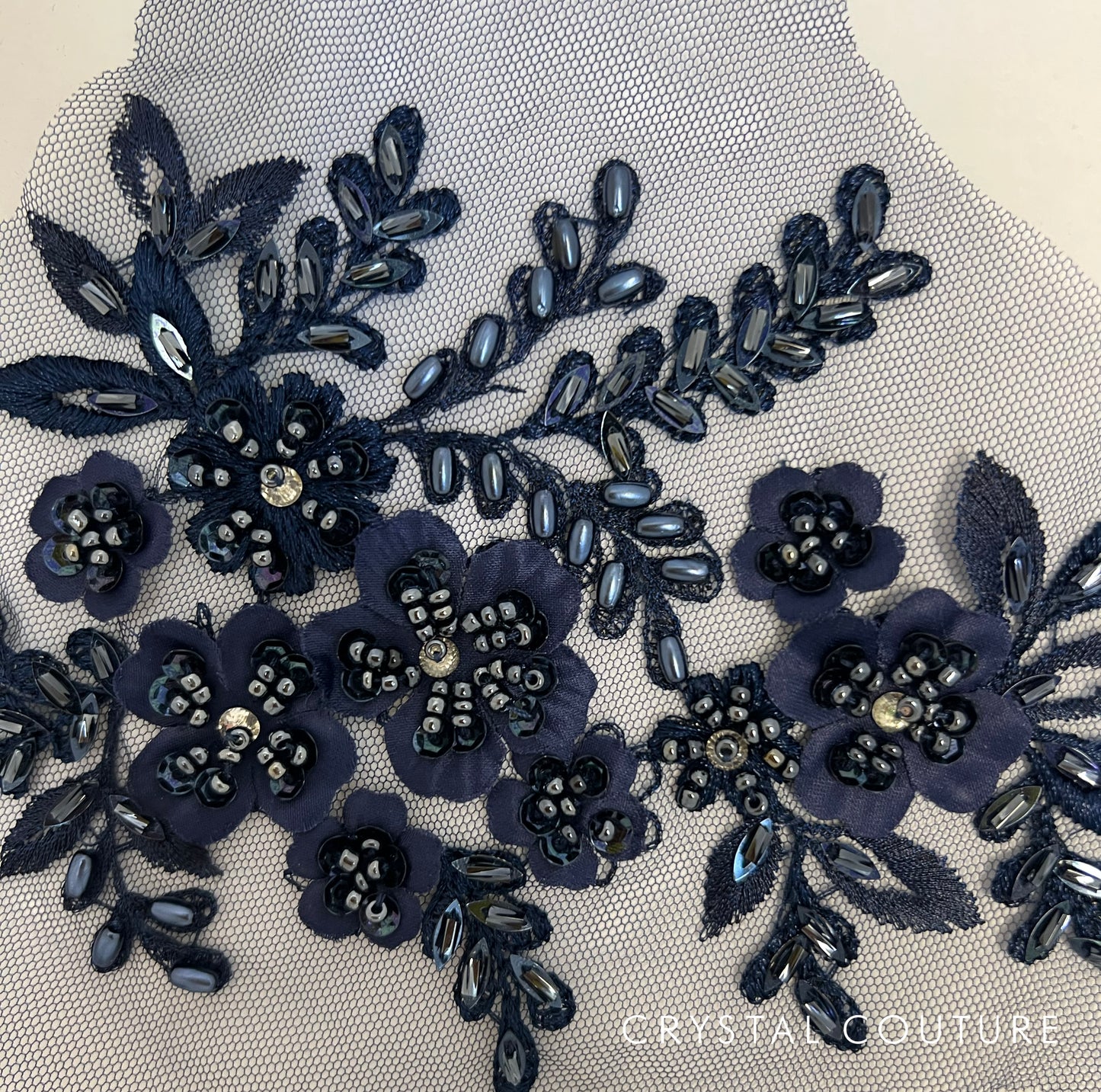Navy Blue Beaded Embroidered Floral Applique
