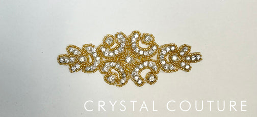 Gold Crystal Beaded Applique - White Backing