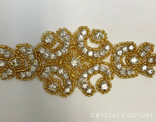 Gold Crystal Beaded Applique - White Backing