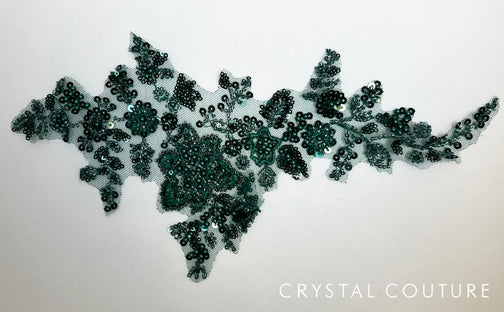 Dark Green Embroidered Beaded Floral Applique with Sequins
