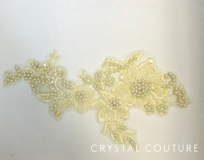 Off White/Ivory Beaded Floral Applique with Pearls.
