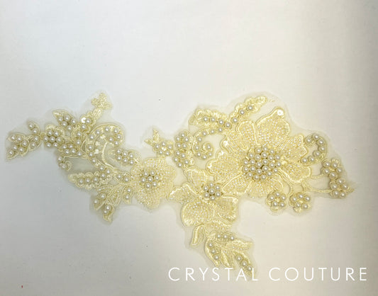 Off White/Ivory Beaded Floral Applique with Pearls.