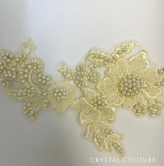 Off White/Ivory Beaded Floral Applique with Pearls.