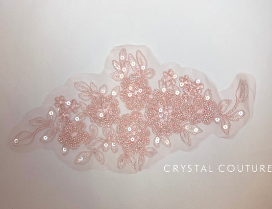 Pale Pink Embroidered Beaded Floral Applique with beads