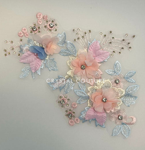 Pink and Blue Embroidered Applique Rhinestones + Gemstones