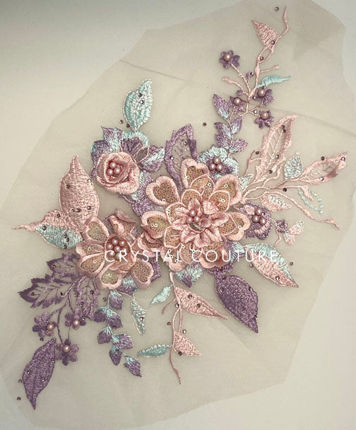 Pink, Blue and Purple Embroidered Applique with Rhinestones