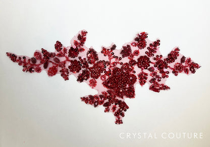 Red Embroidered Beaded Floral Applique with Sequins