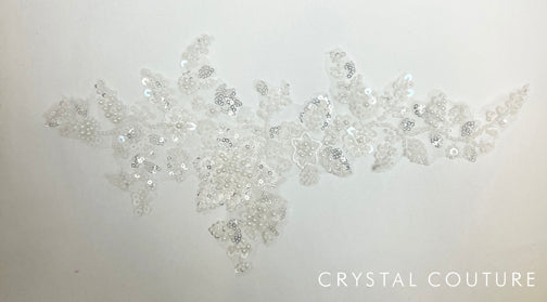 White Embroidered Beaded Floral Applique with Sequins