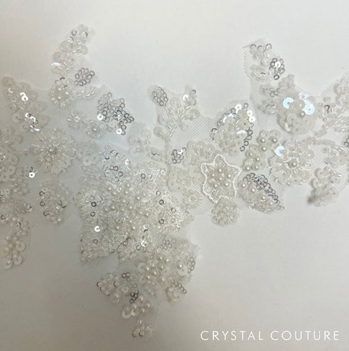 White Embroidered Beaded Floral Applique with Sequins