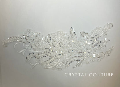 White Embroidered Beaded Feathery Applique with Sequins and Beads