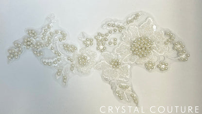 White Embroidered Beaded Floral Applique with Pearls.