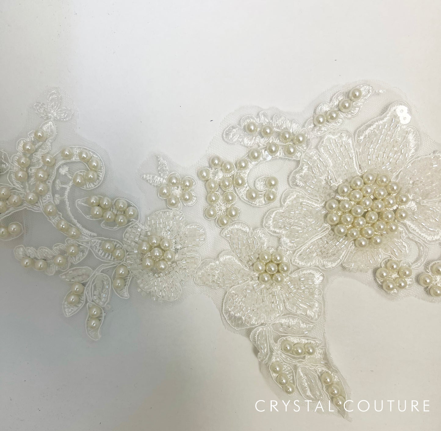 White Embroidered Beaded Floral Applique with Pearls.