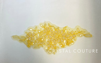 Pastel Yellow Embroidered and Beaded Floral Applique