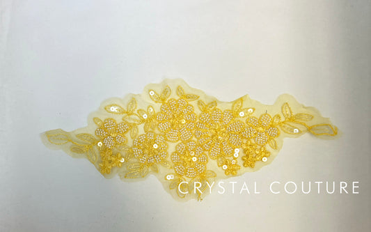 Pastel Yellow Embroidered and Beaded Floral Applique