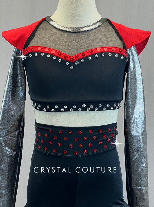 Black and Metallic Grey Top and High Waisted Shorts with Red Structured Shoulders - Rhinestones