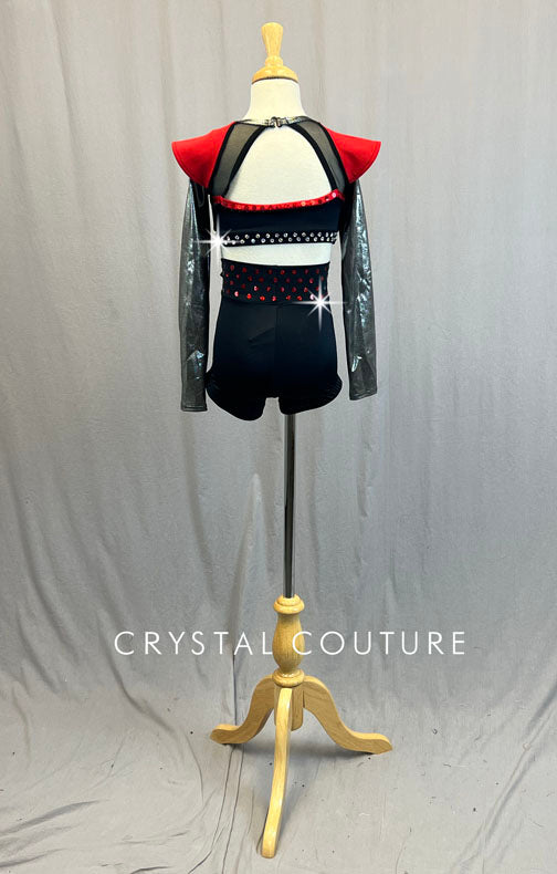 Black and Metallic Grey Top and High Waisted Shorts with Red Structured Shoulders - Rhinestones