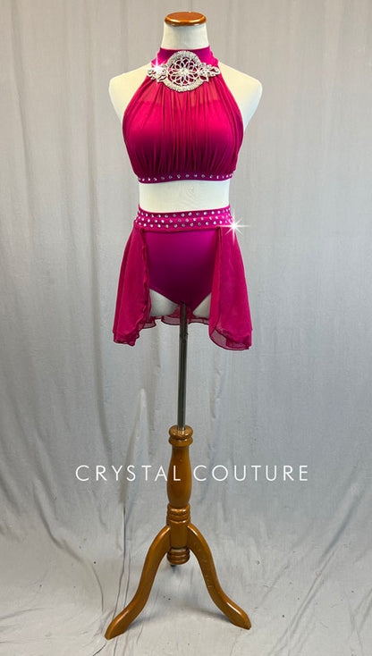 Magenta Ruched Top with Skirted Trunks and Applique - Rhinestones