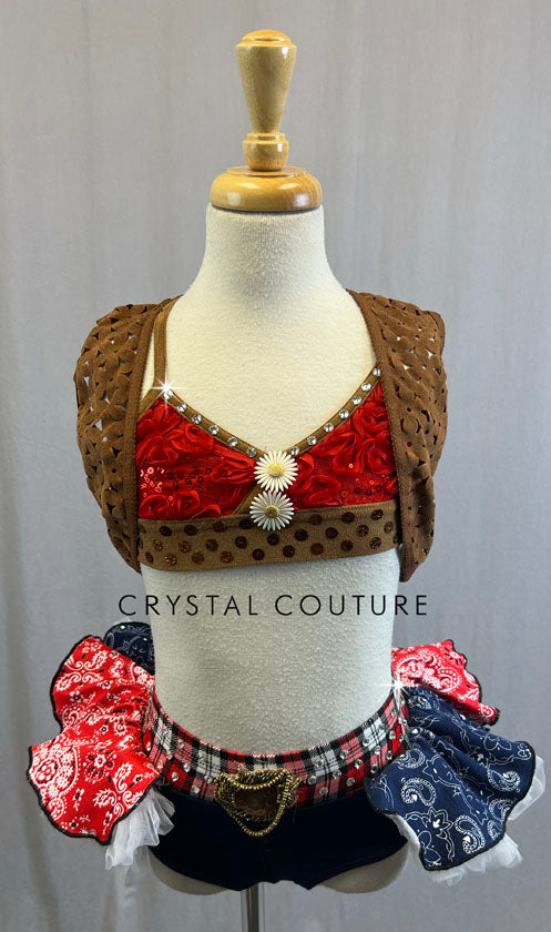 Brown Cowgirl Inspired Top and Vest with Denim Trunks and Crinoline Half Skirt - Rhinestones