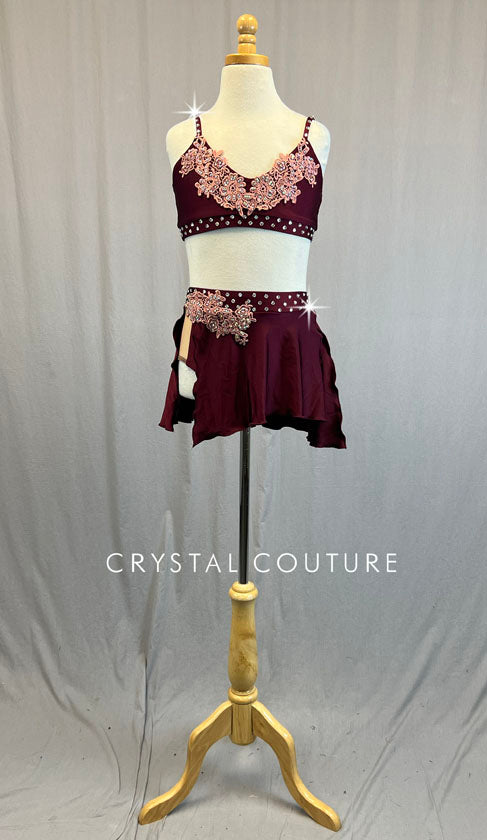 Burgundy Top and Asymmetrical Mini Skirt and Light Pink Appliques -  Rhinestones