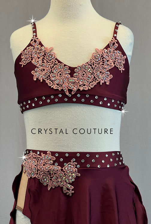 Burgundy Top and Asymmetrical Mini Skirt and Light Pink Appliques -  Rhinestones