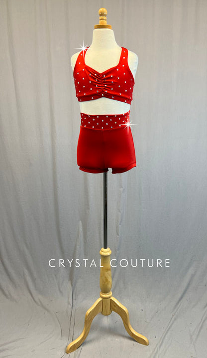 Bright Red Cross Strap Top with High Waisted Booty Shorts - Rhinestones