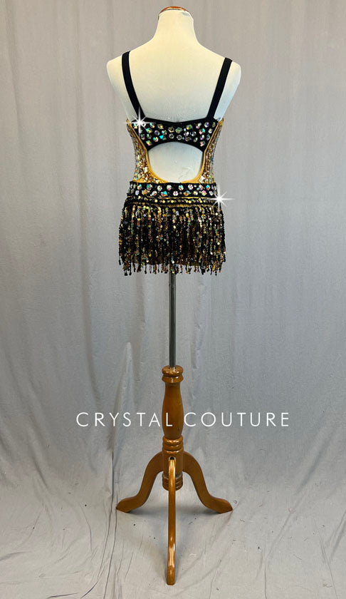 Black & Gold Pleather Leotard with Fringe Back Skirt and Acrylic Shapes