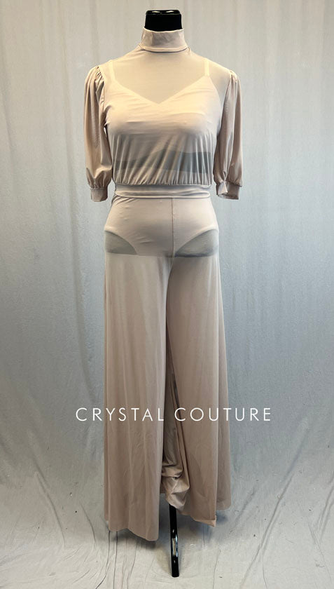 Taupe Mesh Puff Sleeve Top and Wide Leg Pants