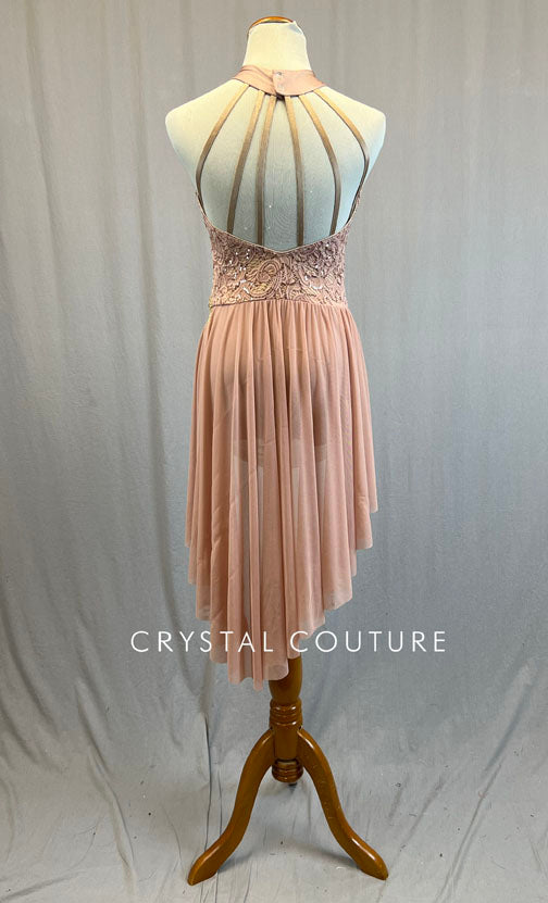 Dusty Pink Sequin Leotard with Draped Asymmetrical Skirt and Appliques