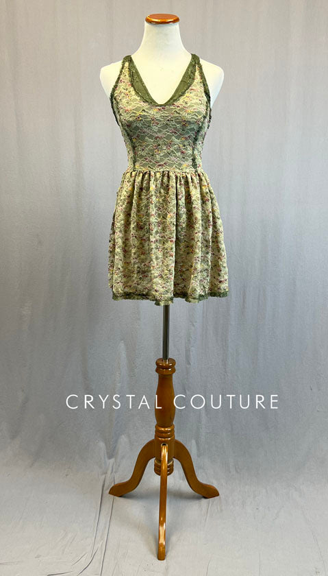 Custom Ivory & Multicolor Lace A Line Dress with Olive Leotard