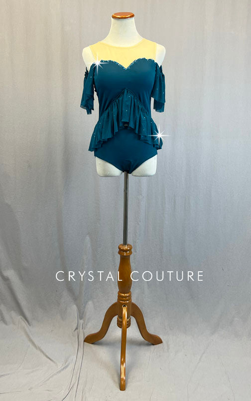 Custom Teal Off Shoulder Leotard with Long Wrap Around Ruffle - Rhinestones