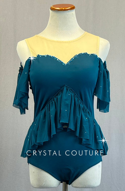 Custom Teal Off Shoulder Leotard with Long Wrap Around Ruffle - Rhinestones