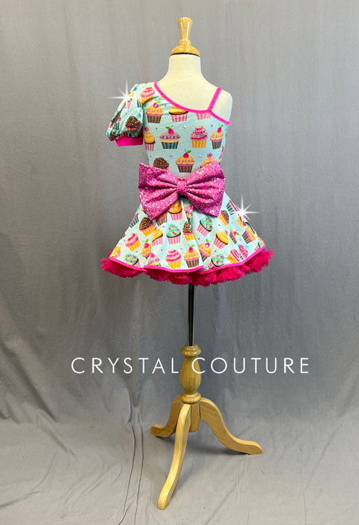 Custom Asymmetrical Puff Sleeve Cupcake Dress with Crinoline and Back Bow - Rhinestones