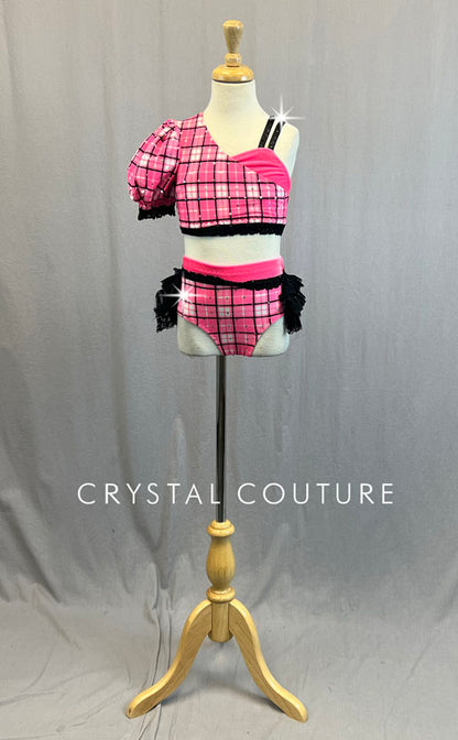Custom Pink & Black Asymmetrical Top and Trunks with Lace Back Bustle - Rhinestones
