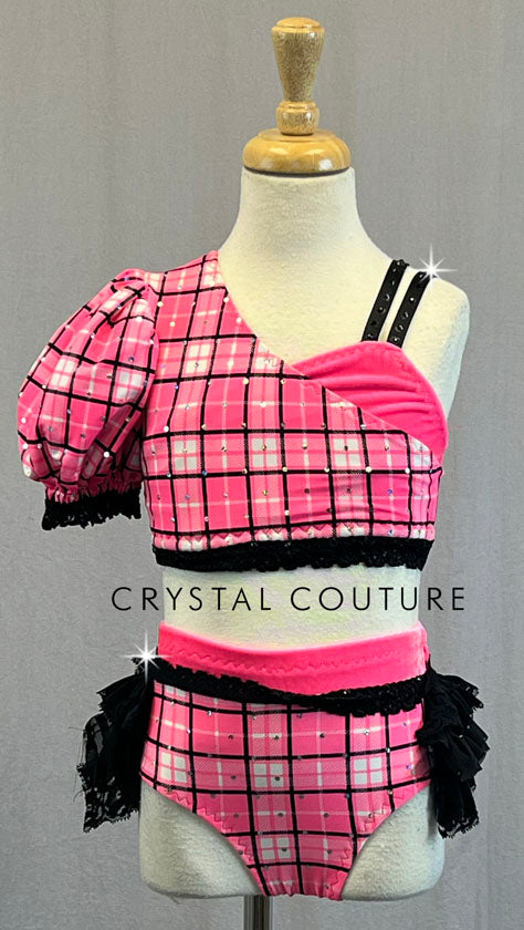 Custom Pink & Black Asymmetrical Top and Trunks with Lace Back Bustle - Rhinestones
