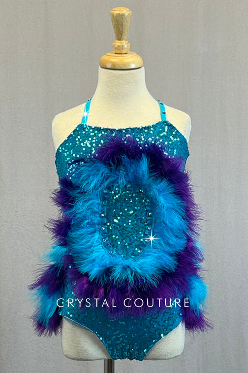 Custom "Sully" Inspired Zsa Zsa Leotard with Purple & Blue Feathers - Rhinestones