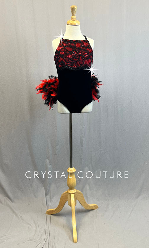Custom Black & Red Velvet Leotard with Lace Top and Feather Bustle - Rhinestones