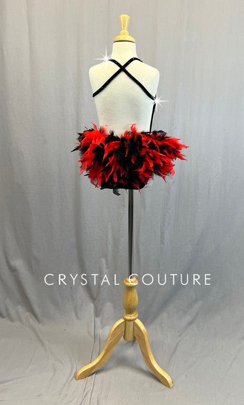 Custom Black & Red Velvet Leotard with Lace Top and Feather Bustle - Rhinestones