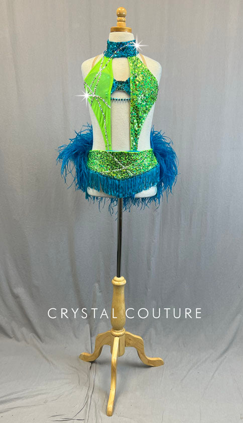 Custom Lime Green & Bright Blue Connected Two Piece with Fringe and Feather Bustle - Rhinestones