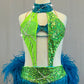 Custom Lime Green & Bright Blue Connected Two Piece with Fringe and Feather Bustle - Rhinestones