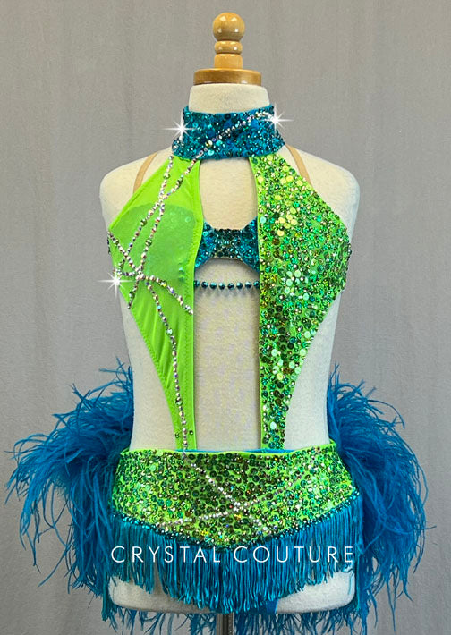 Custom Lime Green & Bright Blue Connected Two Piece with Fringe and Feather Bustle - Rhinestones