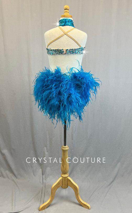 Custom Lime Green & Bright Blue Connected Two Piece with Fringe and Feather Bustle - Rhinestones