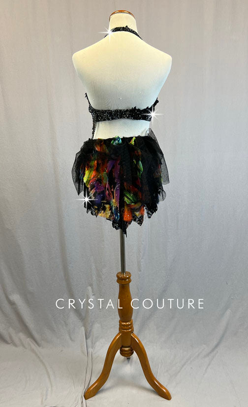 Custom Black & Multicolor Halter Bra Top with Handkerchief Back Skirt on Shorts - Rhinestones