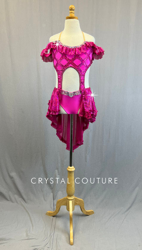 Custom Hot Pink Diamond Connected Two Piece with Ruffle Off Shoulder Sleeves and Back Skirt - Rhinestones