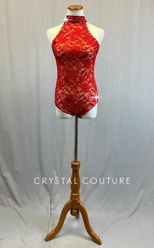 Red Lace Mock Neck Leotard with Open Back - Rhinestones