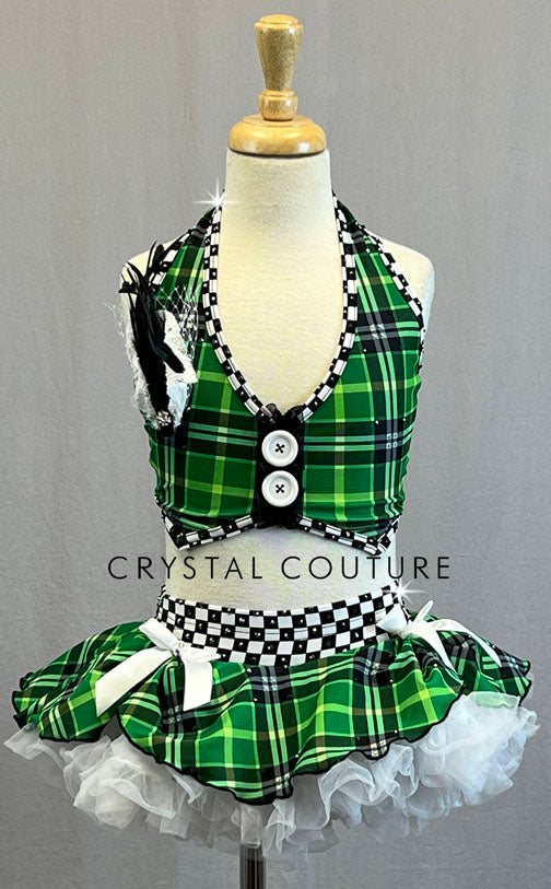 Custom Green & Black Plaid Halter Top with Short Skirt and White Crinoline - Rhinestones