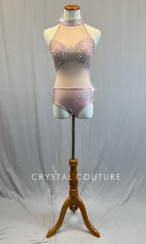 Mauve Open Back and Mesh Mock Neck Leotard - Rhinestones