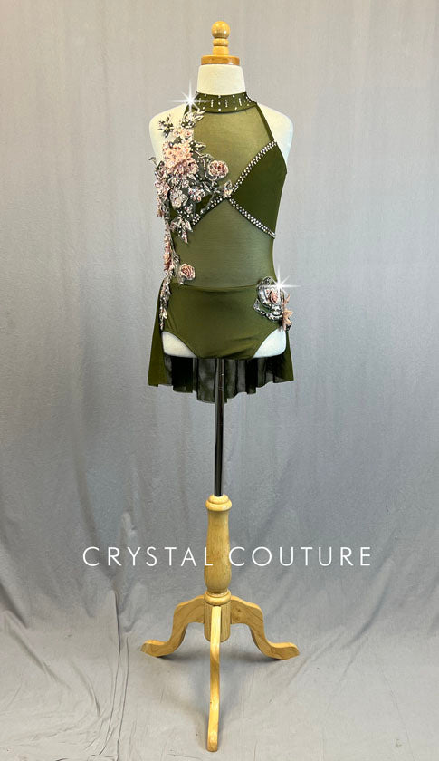 Olive Green & Pink Mock Neck Leotard with Mesh Cutouts and Back Skirt - Rhinestones