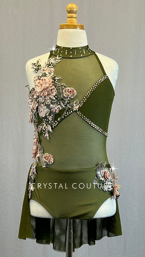 Olive Green & Pink Mock Neck Leotard with Mesh Cutouts and Back Skirt - Rhinestones